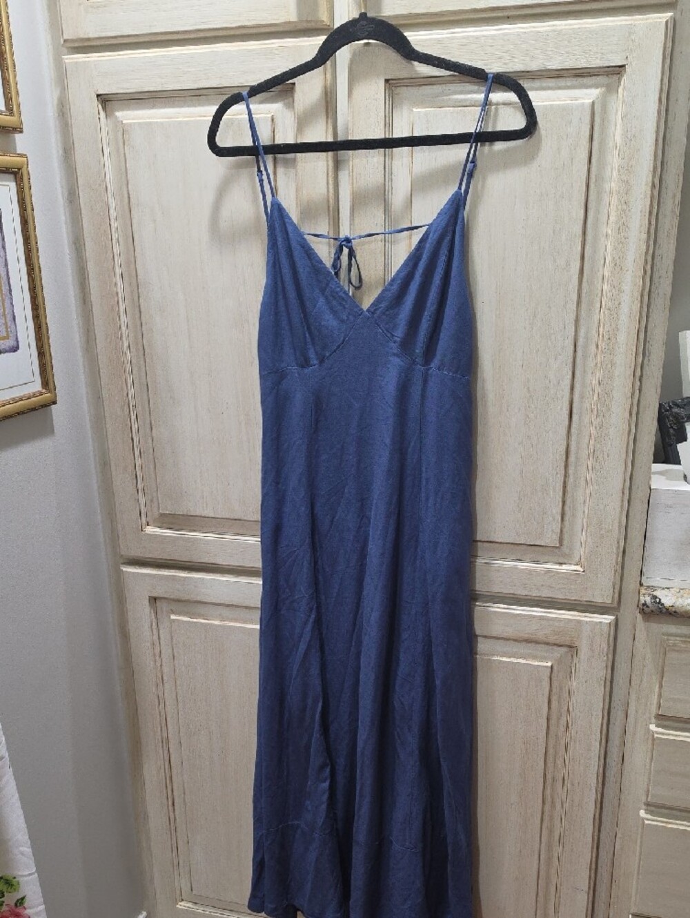 Mahina linen-blend slip dress in a slate or periwinkle blue shade.